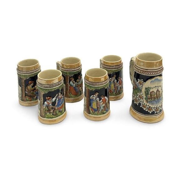 Bad Kreuznach Other - Antique Lot of 6 German Beer Stein Mugs Schreiber Furster Bad Kreuznach